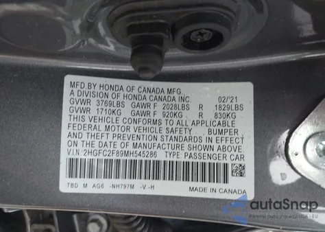 2021 Honda Civic Sport z USA, uszkodzony, nr VIN 2HGFC2F89MH545286